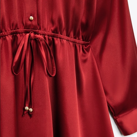 🌹NWT. Zara Dark Pink/Red Satin Shirt Mini Dress with V-neck. Size L. - Picture 6 of 10
